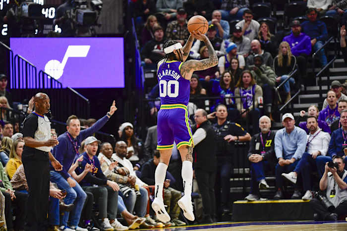 Jan 10, 2024; Salt Lake City, Utah, USA; Utah Jazz guard Jordan Clarkson (00) takes a shot against the Denver Nuggets during the first half at the Delta Center.